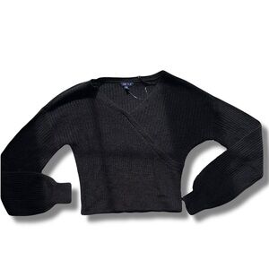 UK2LA Black Ribbed Knit Wrap Sweater Crop Top - Long Sleeve Size Small